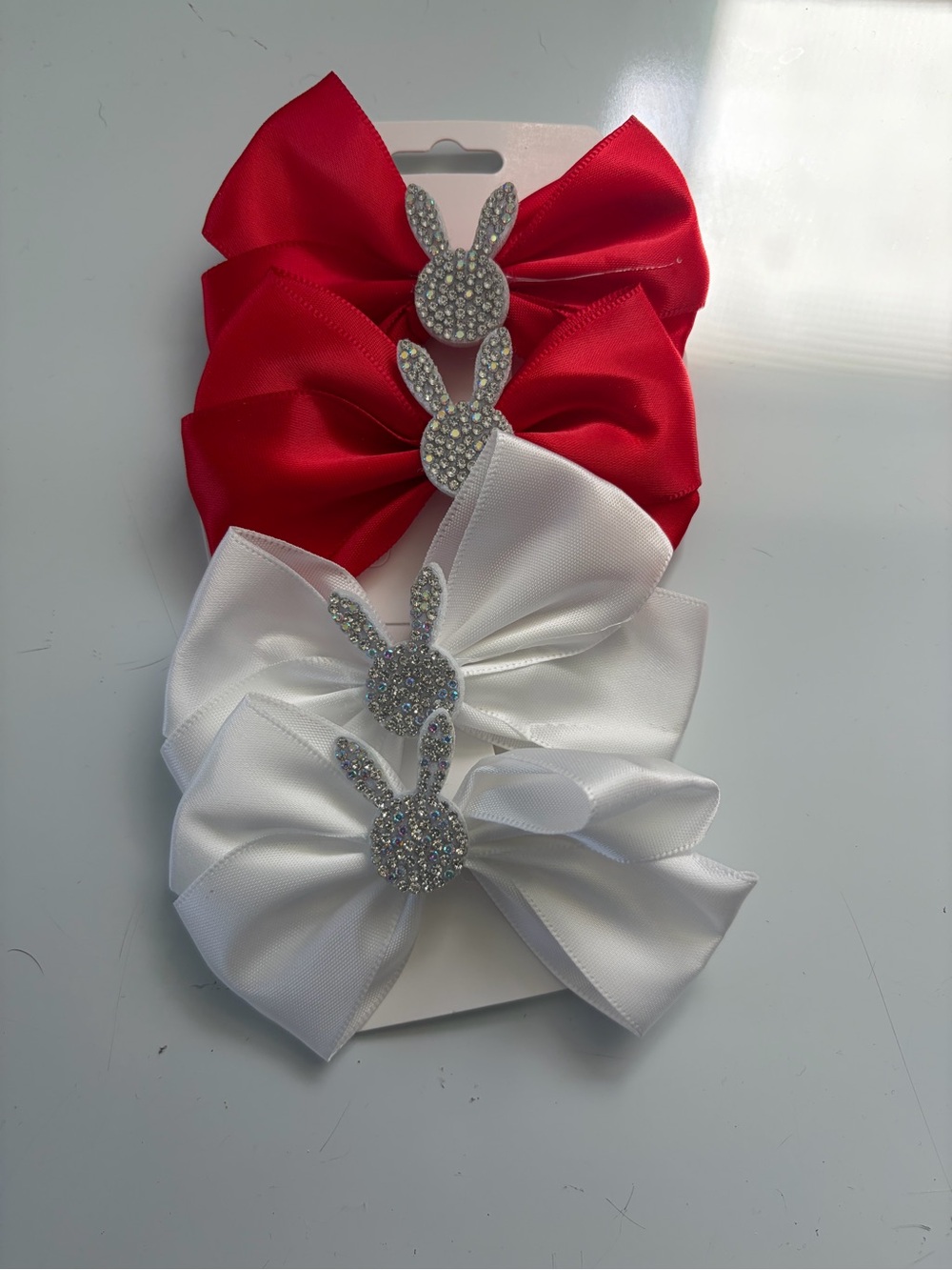 Girls Red & White Bow Clips with Sparkling Bunny Accent